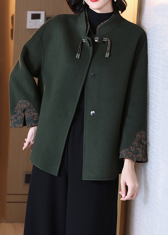 Elegant Blackish Green Solid Button Wool Coat Long Sleeve