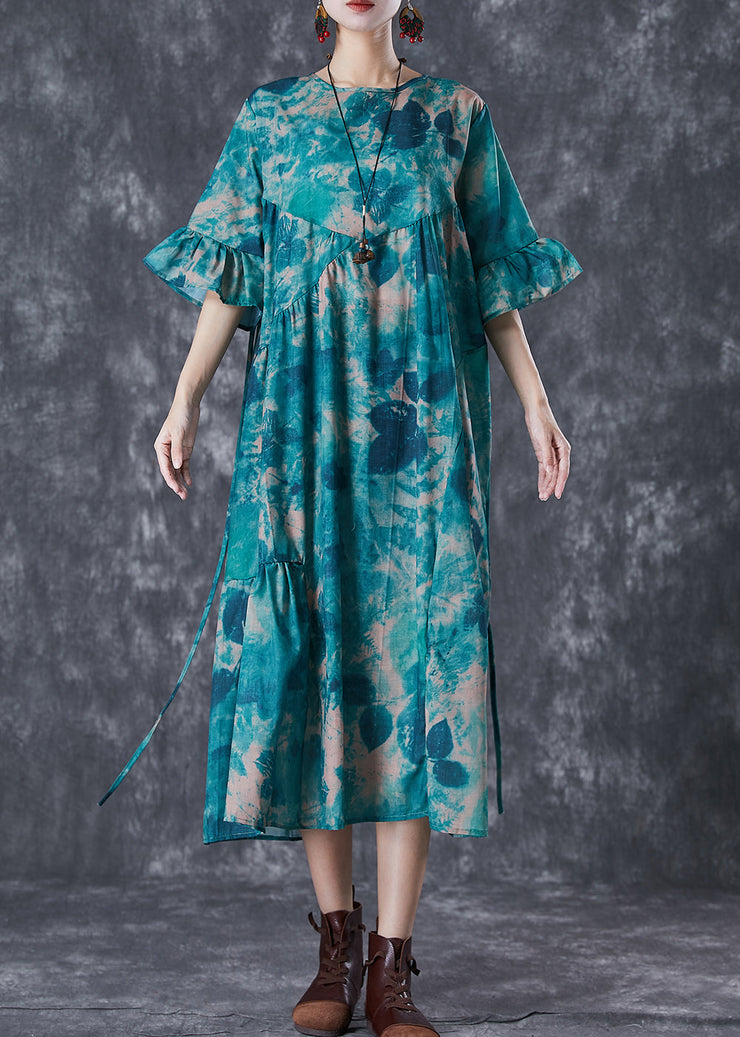 Elegant Blackish Green Tie Dye Wrinkled Cotton Dress Summer