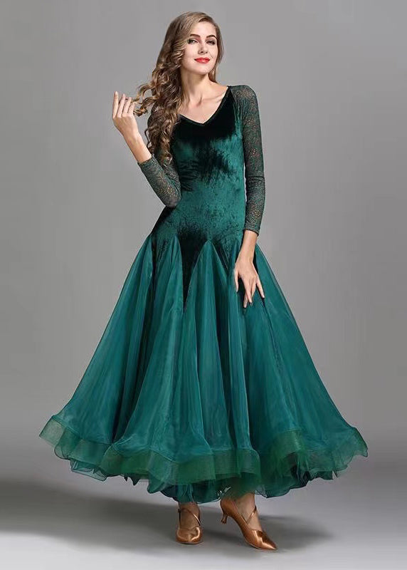 Elegant Blackish Green V Neck Patchwork Velour Dance Dress Long Sleeve