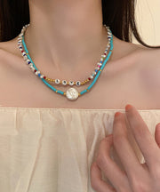 Elegant Blue Alloy Acrylic Pearl Bilayer Beading Graduated Bead Necklace