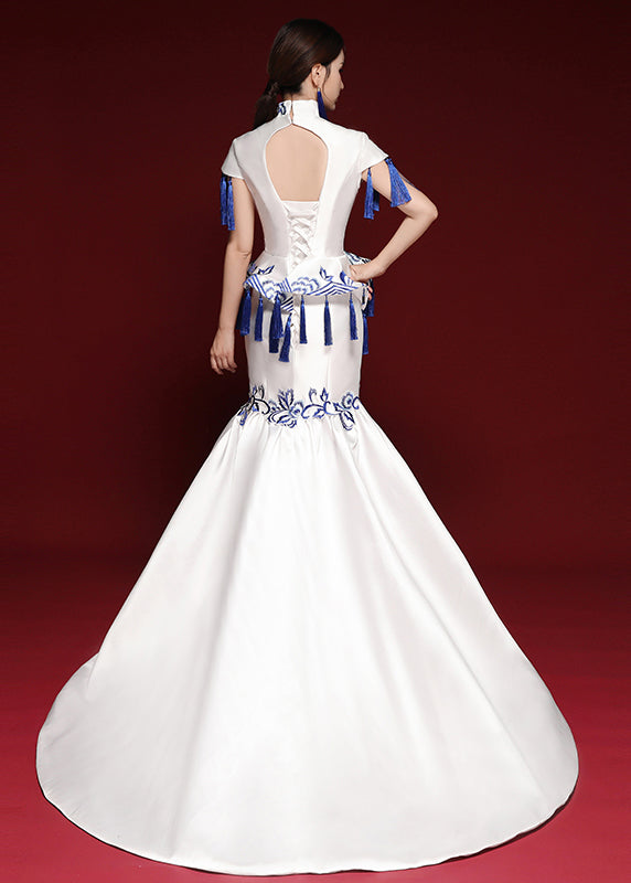 Elegant Blue And White Porcelain Tassel Embroidered Long Dress Short Sleeves