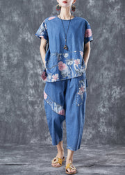 Elegant Blue Asymmetrical Patchwork Print Denim Two-Piece Set Spring