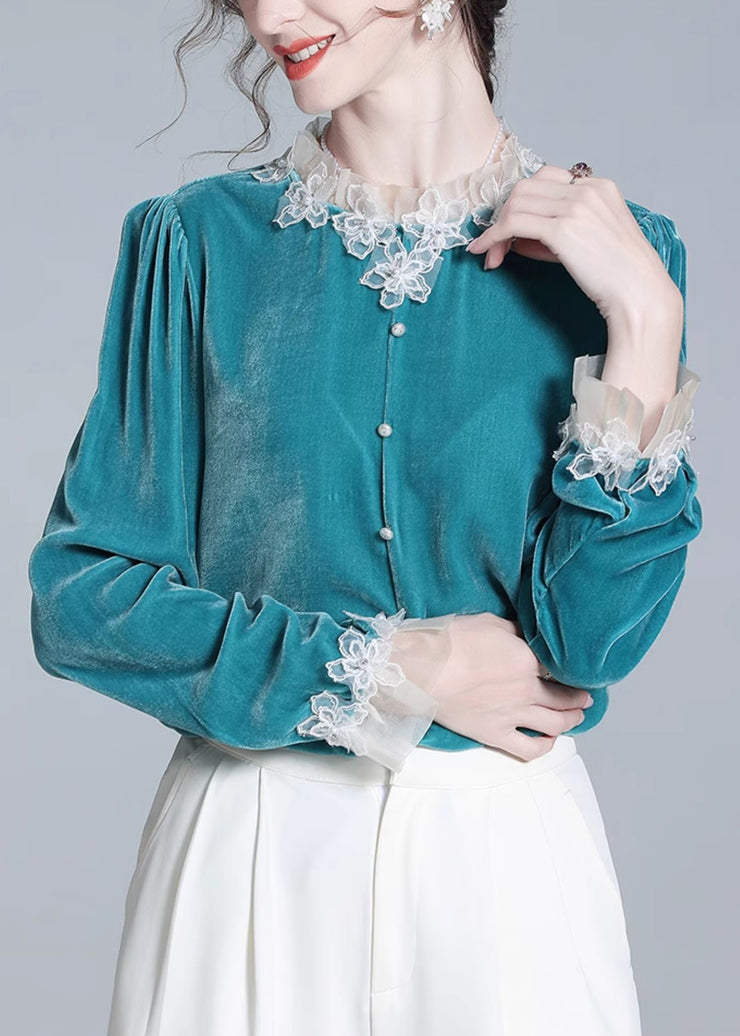 Elegant Blue Button Patchwork Silk Velour Top Winter