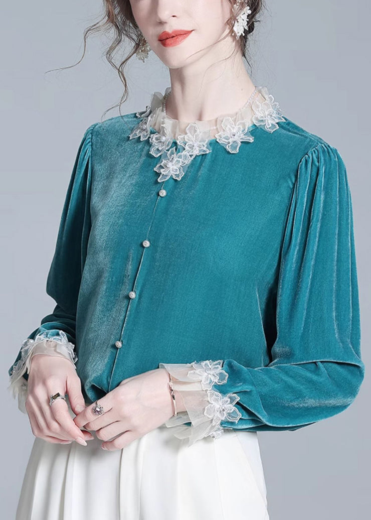 Elegant Blue Button Patchwork Silk Velour Top Winter