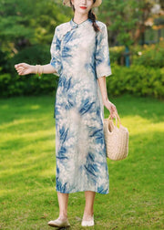 Elegant Blue Button Print Lace Up Linen Long Dresses Summer