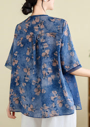 Elegant Blue Embroidered Floral T Shirts Summer