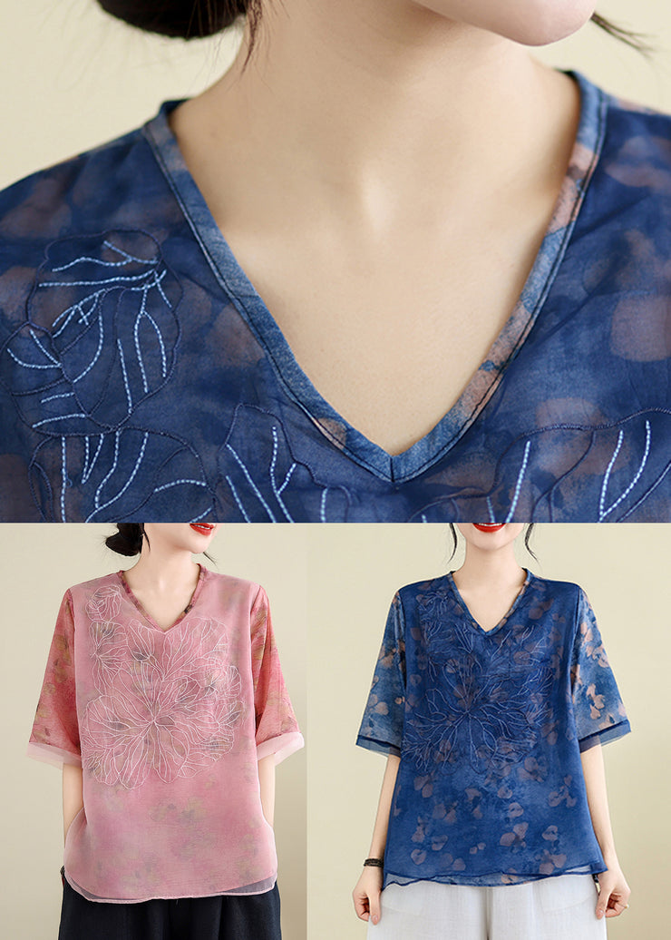 Elegant Blue Embroidered Floral T Shirts Summer