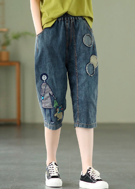 Elegant Blue Embroideried Print Elastic Waist Denim Crop Pants Summer