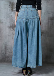 Elegant Blue High Waist Patchwork Denim Wide Leg Pant Skirts Summer