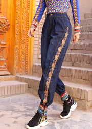 Elegant Blue High Waist Print Cotton Denim Beam Pants Spring