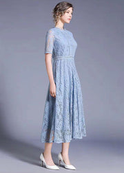 Elegant Blue Hollow Out Embroideried Patchwork Lace Long Dresses Summer