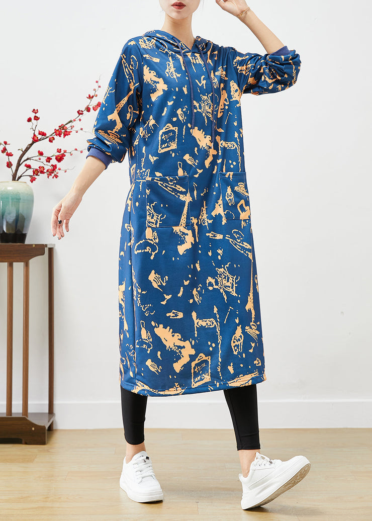 Elegant Blue Hooded Print Cotton Sweatshirts Dress Fall