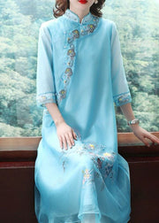 Elegant Blue Mandarin Collar Embroideried Chiffon A Line Dresses Bracelet Sleeve