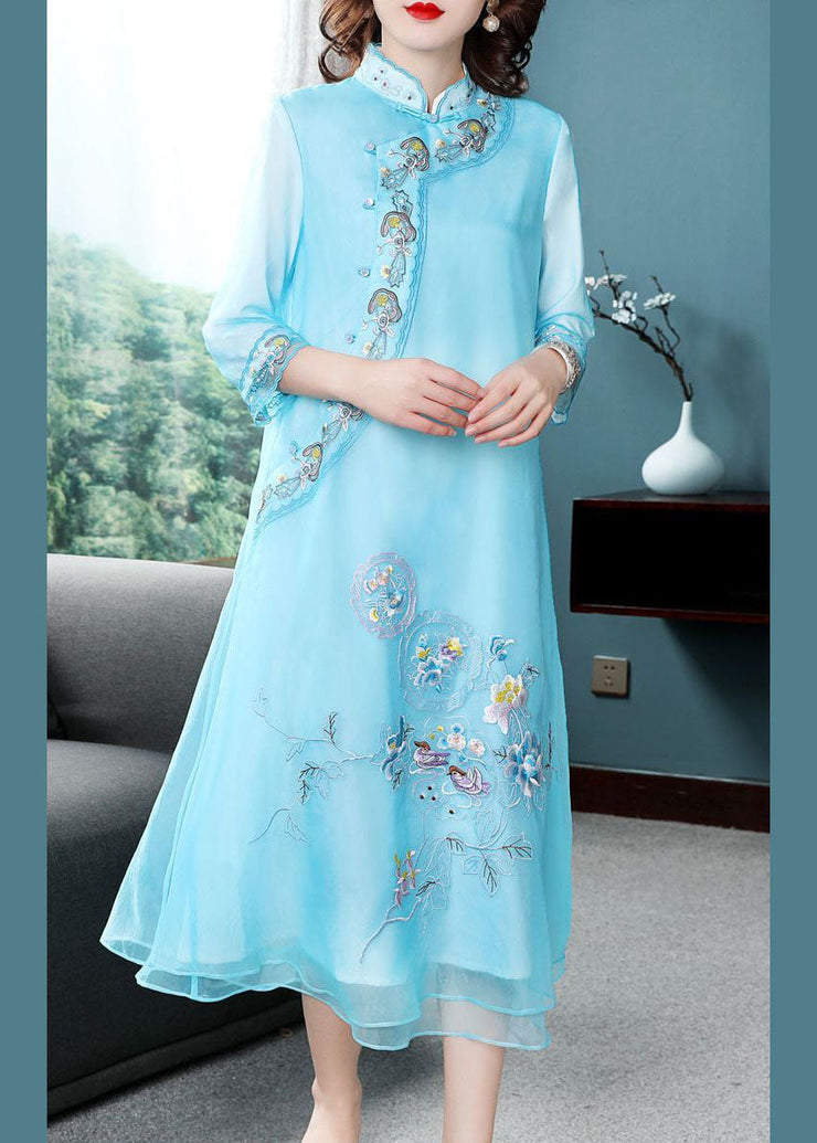 Elegant Blue Mandarin Collar Embroideried Chiffon A Line Dresses Bracelet Sleeve