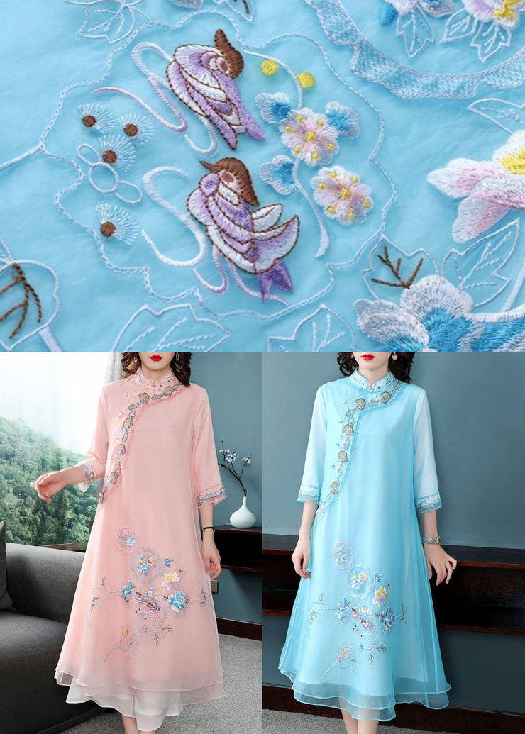 Elegant Blue Mandarin Collar Embroideried Chiffon A Line Dresses Bracelet Sleeve