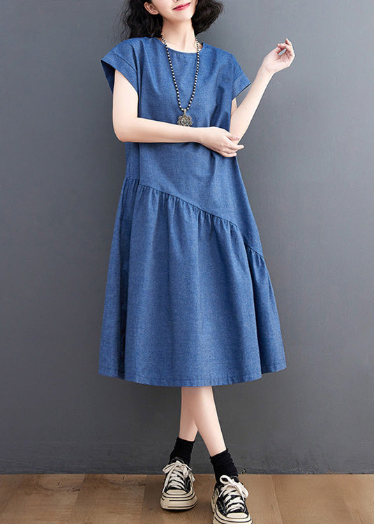 Elegant Blue O-Neck Patchwork Silk Denim Maxi Dress Summer