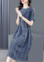 Elegant Blue O-Neck Plaid Wrinkled Pockets Cotton Cinch Dress Short Sleeve