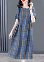 Elegant Blue O-Neck Plaid Wrinkled Pockets Cotton Cinch Dress Short Sleeve