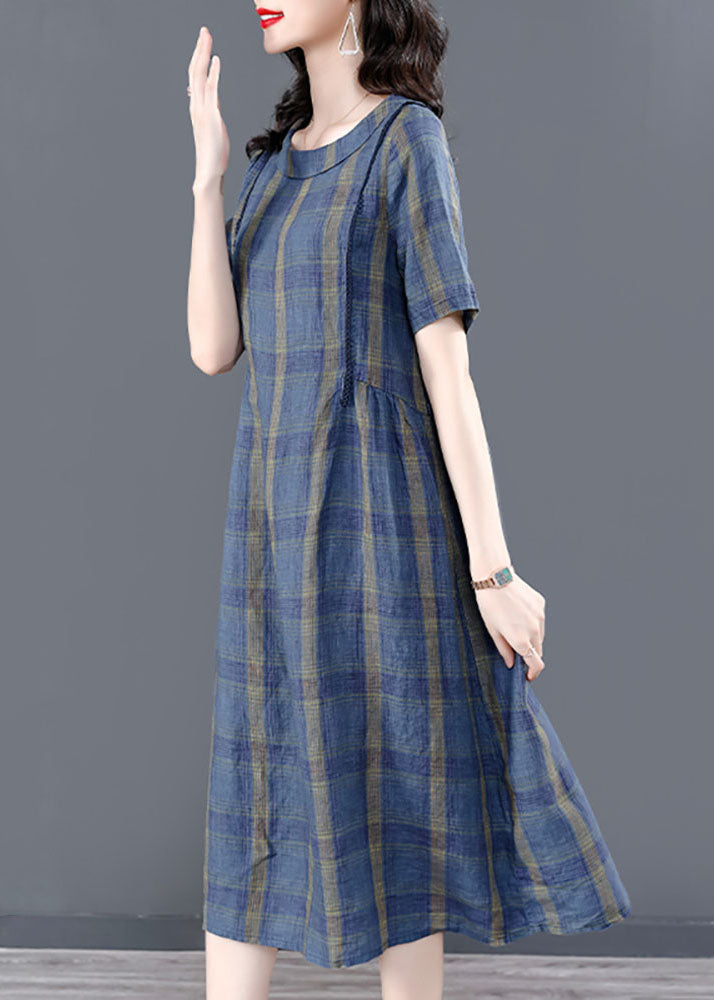 Elegant Blue O-Neck Plaid Wrinkled Pockets Cotton Cinch Dress Short Sleeve