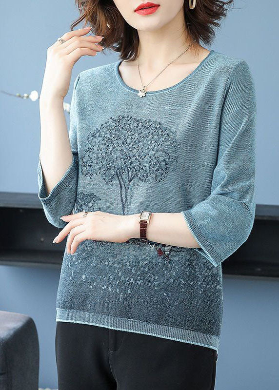 Elegant Blue O-Neck Print Knit Sweater Tops Bracelet Sleeve