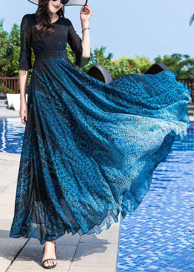 Elegant Blue O-Neck Print Party Chiffon Long Dress Half Sleeve