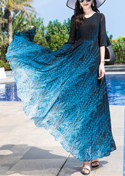 Elegant Blue O-Neck Print Party Chiffon Long Dress Half Sleeve