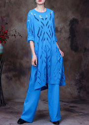 Elegant Blue O-Neck Solid Hollow Out Knit Three Pieces Set Long Sleeve