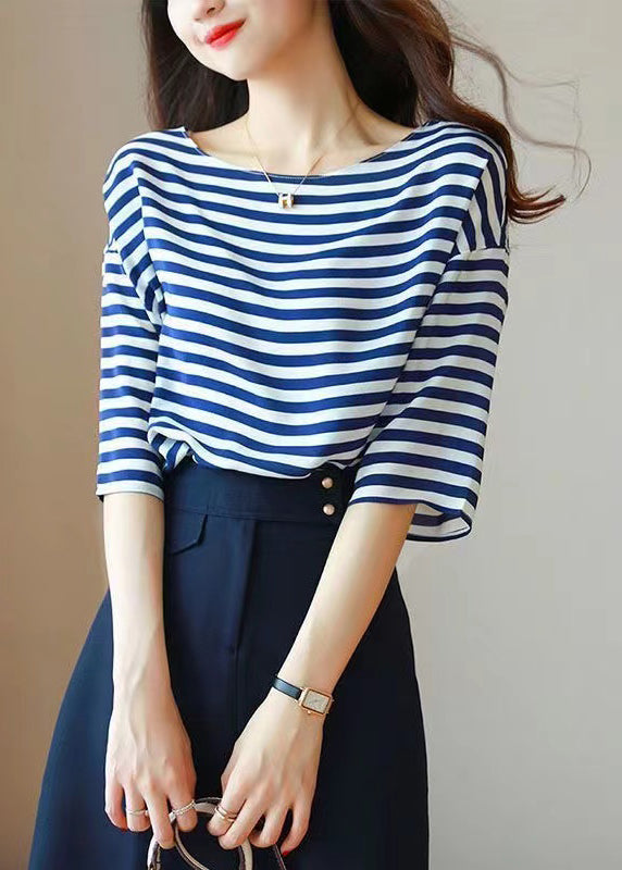 Elegant Blue O Neck Striped Silk Shirt Tops Summer
