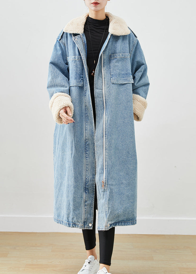 Elegant Blue Oversized Pockets Fleece Wool Lined Denim Trench Fall