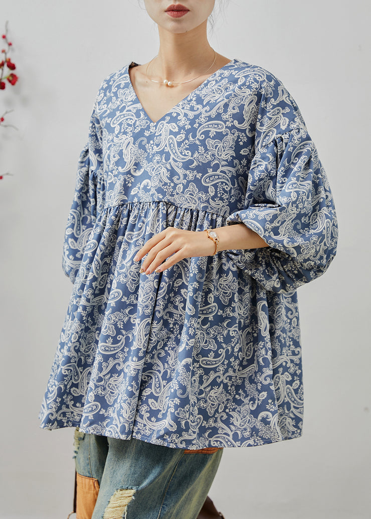 Elegant Blue Oversized Print Cotton Shirts Summer