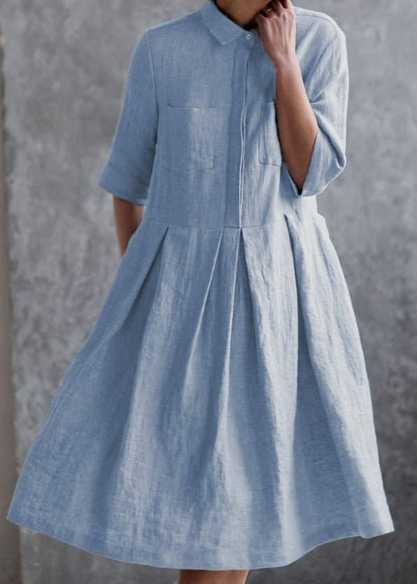 Elegant Blue Peter Pan Collar Button Cotton Shirts Dress Summer