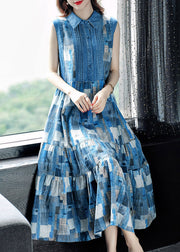 Elegant Blue Peter Pan Collar Plaid Wrinkled Maxi Dresses Summer