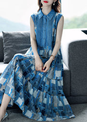 Elegant Blue Peter Pan Collar Plaid Wrinkled Maxi Dresses Summer