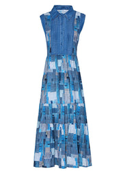 Elegant Blue Peter Pan Collar Plaid Wrinkled Maxi Dresses Summer