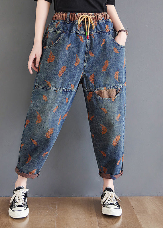 Elegant Blue Pockets Print Elastic Waist Harem Pants Summer