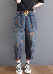 Elegant Blue Pockets Print Elastic Waist Harem Pants Summer