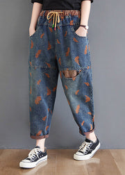 Elegant Blue Pockets Print Elastic Waist Harem Pants Summer