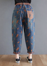 Elegant Blue Pockets Print Elastic Waist Harem Pants Summer