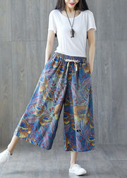 Elegant Blue Pockets Print Wide Leg Crop Pants Summer