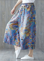 Elegant Blue Pockets Print Wide Leg Crop Pants Summer