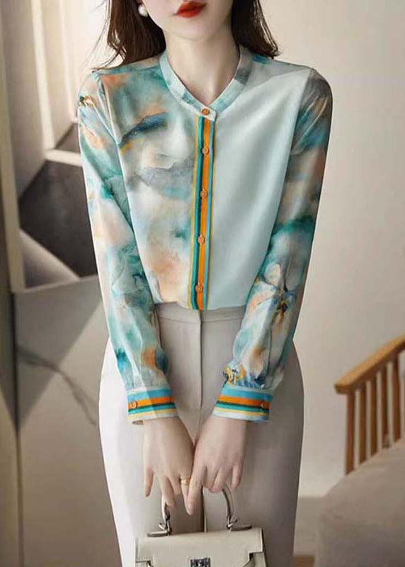 Elegant Blue Print Button Silk Blouses Spring