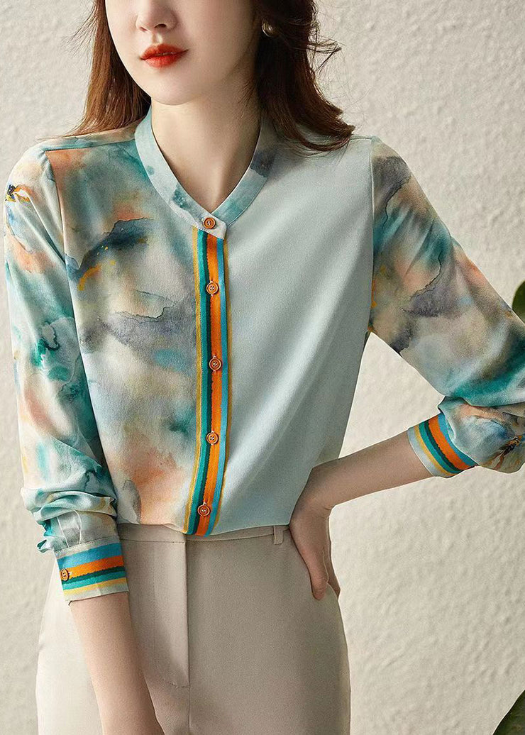 Elegant Blue Print Button Silk Blouses Spring