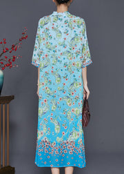 Elegant Blue Print Draping Chiffon Long Dresses Summer