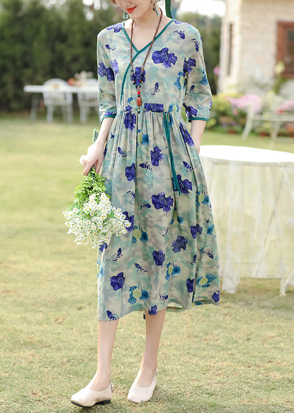 Elegant Blue Print Pockets Drawstring Cotton Dress Half Sleeve