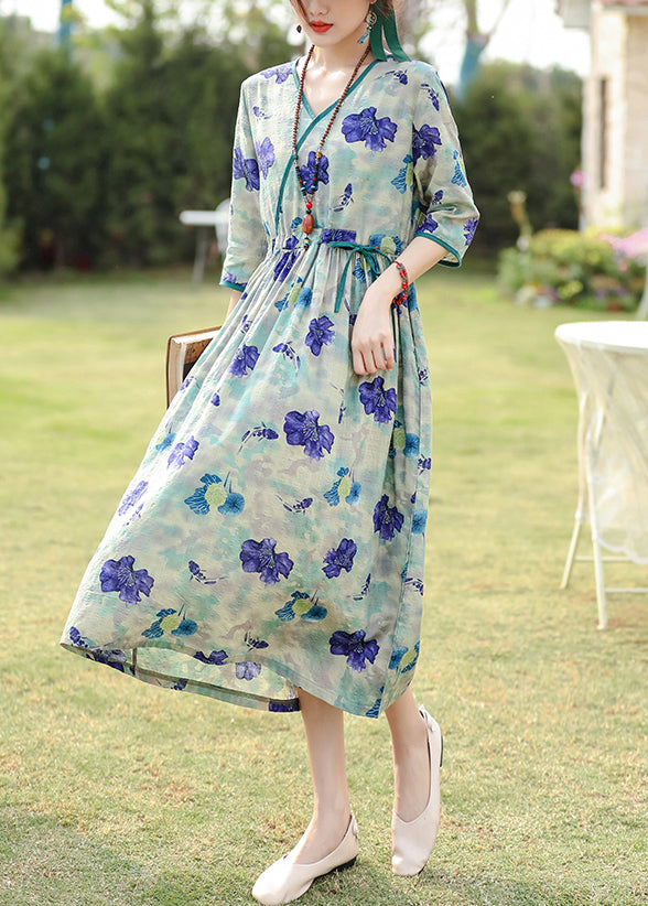 Elegant Blue Print Pockets Drawstring Cotton Dress Half Sleeve