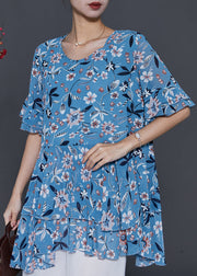 Elegant Blue Print Silm Fit Chiffon Shirt Summer