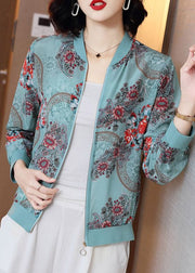 Elegant Blue Print Zippere Chiffon Sunscreen Sunscreen Coat Long Sleeve