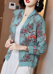 Elegant Blue Print Zippere Chiffon Sunscreen Sunscreen Coat Long Sleeve