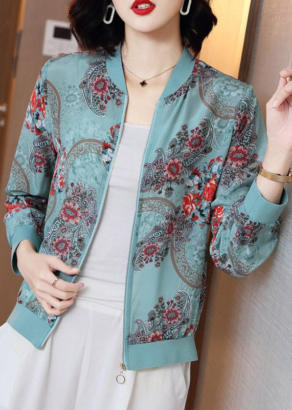 Elegant Blue Print Zippere Chiffon Sunscreen Sunscreen Coat Long Sleeve