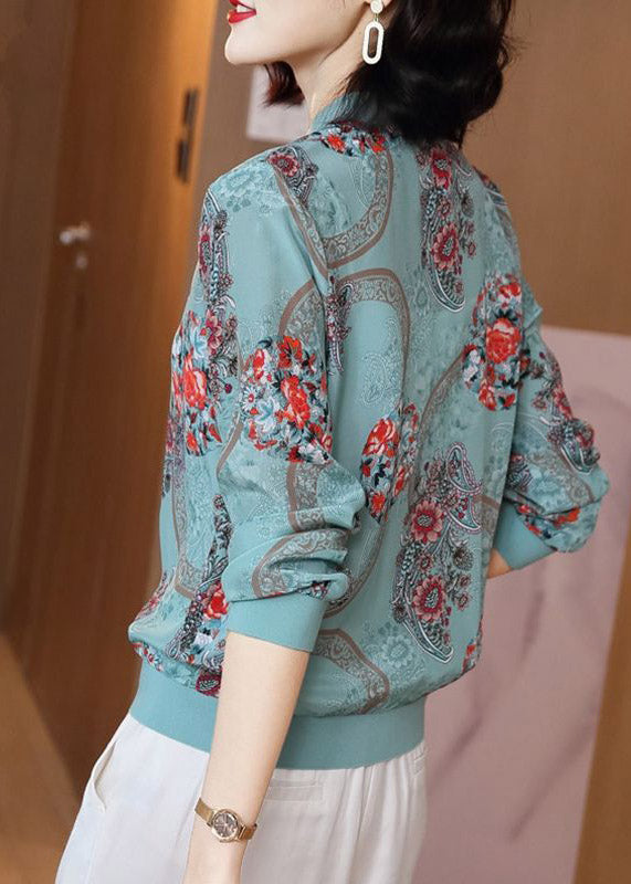 Elegant Blue Print Zippere Chiffon Sunscreen Sunscreen Coat Long Sleeve